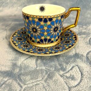 Blue and Gold Geometric Moroccan Style Teacup and Saucer